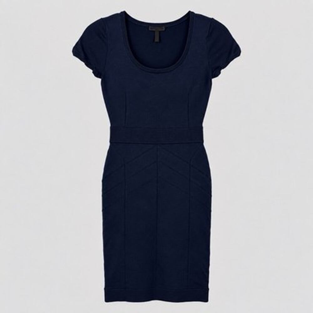 BCBGMAXAZRIA Power Dress Navy Size Small Scuba Bodycon Seamed Short Sleeves